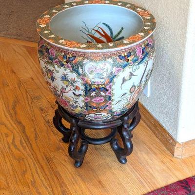 Large Chinese Ceramic Fish Bowl on Wood Stand - 16w x 12h