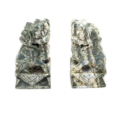  Pair of Chinese Green Marble Fu Dogs With Bead in Mouth 3.5 x 3 x 6.5h