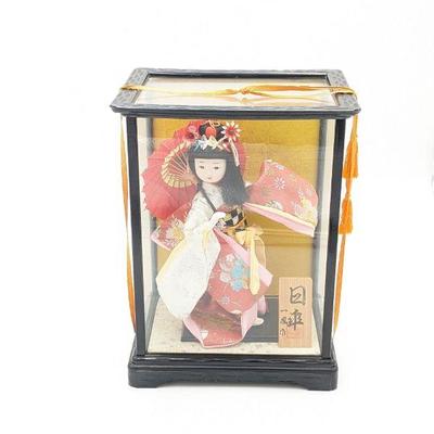 Vintage Japanese Doll in Original Glass Case 9 x 7 x 12h