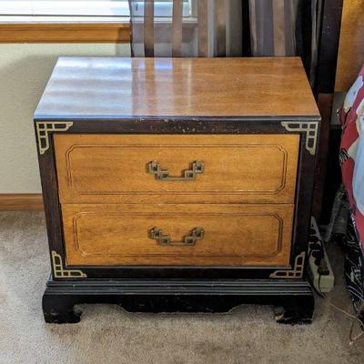 Vintage Chinoiserie Burl and Black Nightstand by Bassett Furniture - 27w x 15.75d x 22.75h