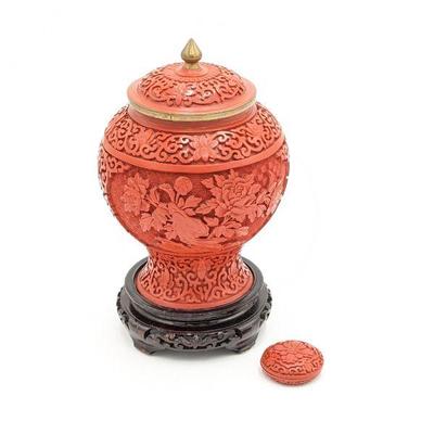 Vintage 1985 Chinese Carved Cinnabar Lacquerware Lidded Pot on Wood Stand, & Covered Trinket Box