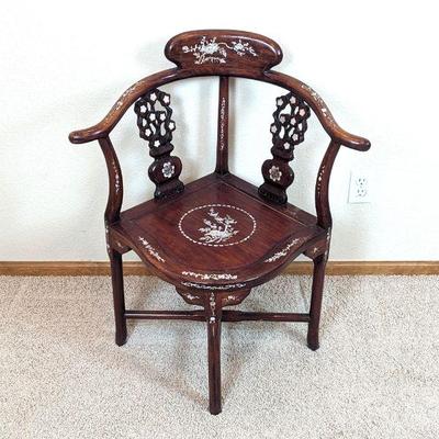 Chinese Antique Red Stained Hardwood Mother of Pearl Inlay Corner Chair 22 x 22 x 33h