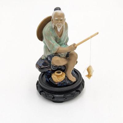 Vintage Mid Century Chinese Mudman Seated Fisherman Figure with Wood Stand 4 x 3 x 5.5h
