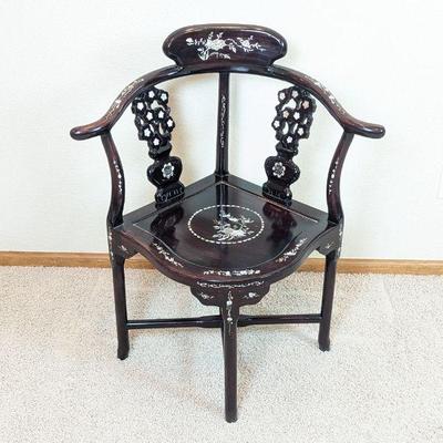  Chinese Antique Dark Stained Hardwood Mother of Pearl Inlay Corner Chair 22 x 22 x 33h