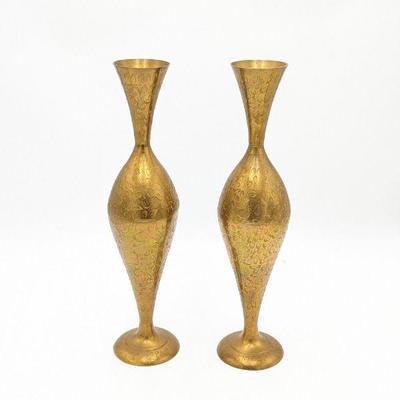 Two Brass Vases Bought in Thailand 1971, Floral, 17.5