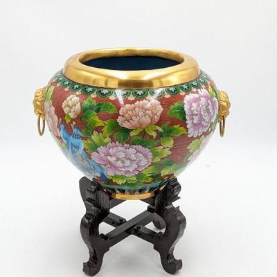 Chinese Cloisonne Double Handled Planter With Stand 14 x 12 x 10h