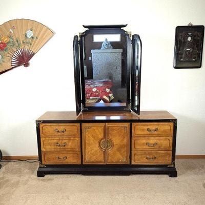 Vintage Chinoiserie Burl and Black Dresser with Mirror by Bassett Furniture