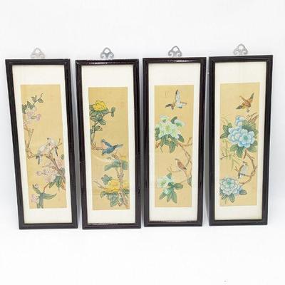 Set of Four Framed Chinese Painted Fabric Art - 5.5w x 15.75h