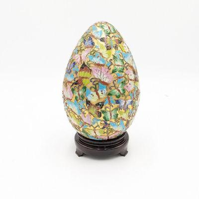 Large Chinese Cloisonne Enameled Metal Egg with Stand - 7w x 10h