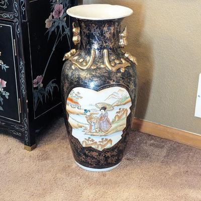 Huge Black and Gold Chinese Satsuma Style Porcelain Wide Mouth Vase 12w x 25h