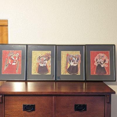 Four Chinese Paper Cuttings of Chinese Deity Masks Hand Painted Framed 12 x 15