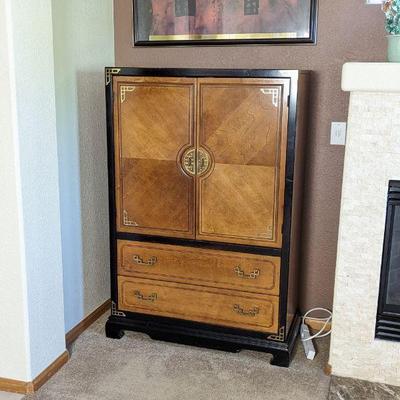 Vintage Chinoiserie Burl and Black Armoire by Bassett Furniture - 40.25w x 18.75d x 58h