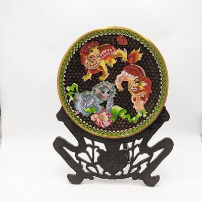 Large Chinese Cloisonne Enameled Plate with Stand - 15w (plate) 17w x 22h (with stand)