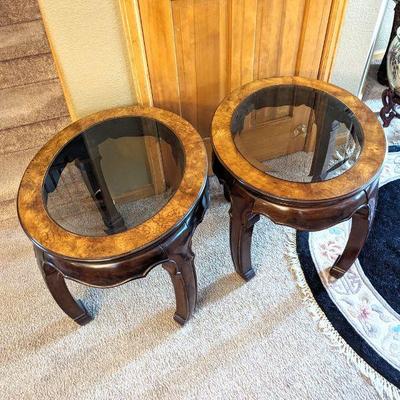 Two Wood and Glass Top Side Tables 27 x 22 x 21h