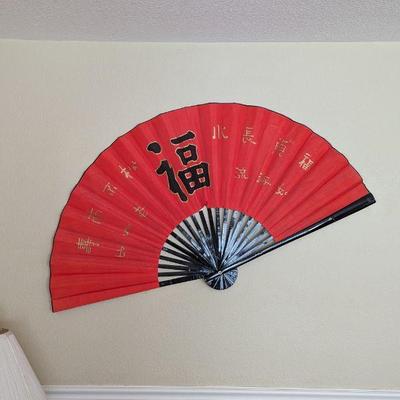 Large Red Paper Backed Silk Wall Decor Fan 54w x 30h
