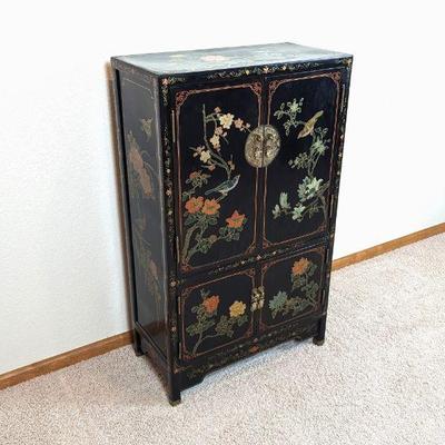 Chinese Hand Painted Black Vanity Cabinet with Brass Fittings