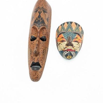 Set of Two Indonesian Wood Carved and Painted Masks Wall Decor