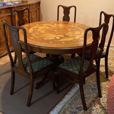 https://www.ebay.com/itm/115940253761 CV1002 ORNATE INLAY WOOD DESIGN ROUND DINING TABLE WITH 6 CHAIRS Custom Designed
