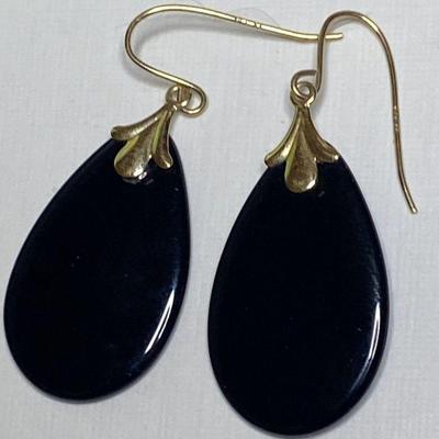 https://www.ebay.com/itm/126145624039 CV1140 585 GOLD FISHHOOK BLACK DANGLE EARRINGS