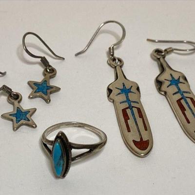 https://www.ebay.com/itm/126144812440 CV1098 925 JEWELRY LOT, FEATHER & STAR EARRINGS W RING, TURQUIOSE INLAY