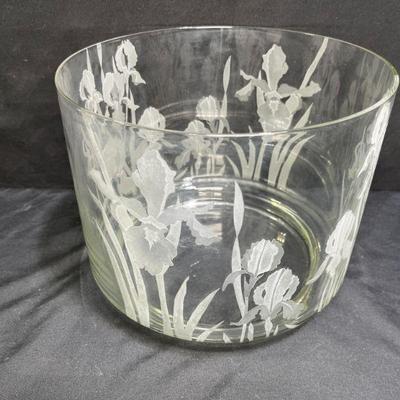 Perry Coyle Etched Irises Crystal Bowl