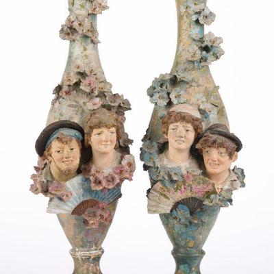 101. PAIR FAIENCE EARTHENWARE FACE VASES