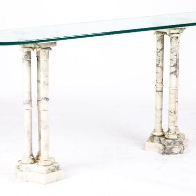 60. GLASS TOP CONSOLE WITH MARBLE COLUMNS
36