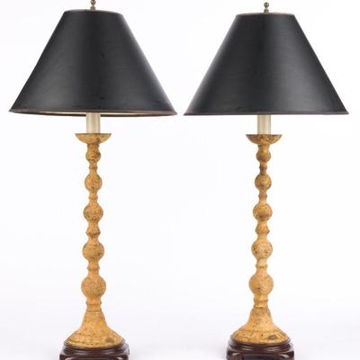 63. PAIR CANDLESTICK LAMPS WITH BLACK SHADES