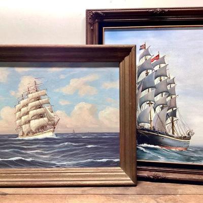 JUCR908 Oil Clipper Ship Paintings By Local Artists	J. Winnifred oil painting. Â Janette Templeton clipper ship oil painting - chip on...