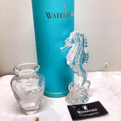 JUCR914 Waterford & Stuart Crystal	Waterford lead crystal seahorse paperweight, Slovenia. Â Stuart crystal bud vase.
