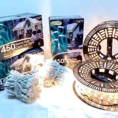 JURC923 White Christmas Lights	3 new in unopened packages heavy duty 450 Christmas Lights - stay lit when 1 bulb burns out. Â 1 open box...