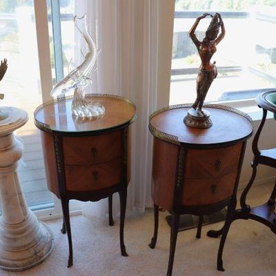 Antique wood accent side tables, white marble pillar, glass sclupture of whale, metal statues