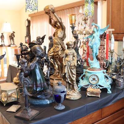 Bronze, Brass, Spelter, and Chalkware sculptures and statues from the 1800s and early 1900s; including Auguste Moreau, Pecheur, and...