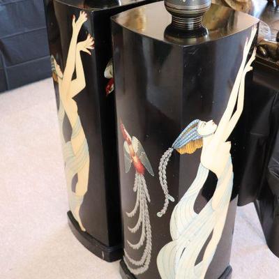 Antique Art Deco black lacquer pillars with dancing woman and phoenix design. 