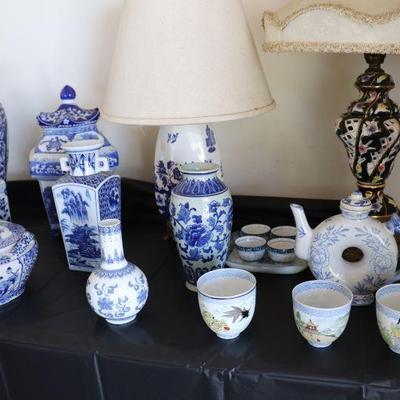Vintage and Antique Chinese and Japanese Blue and White Porcelain Vases, Plates, Lamps and Cups