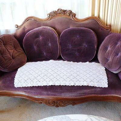 Antique Victorian wood and purple upholstered sofa loveseat.