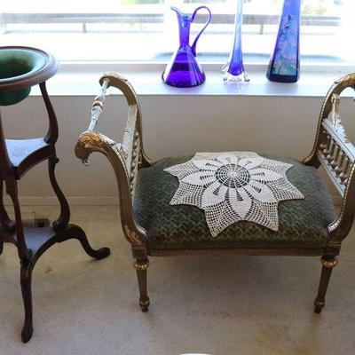 Antique Victorian Art Nouveau Vanity Bench Seat. Antique wash basin. 