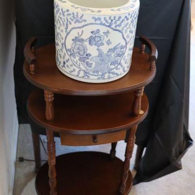 Vintage accent table and Chinese Blue and White Glazed Porcelain Planter