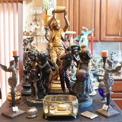 Bronze, Brass, Spelter, and Chalkware sculptures and statues from the 1800s and early 1900s; including Auguste Moreau, Pecheur, and...