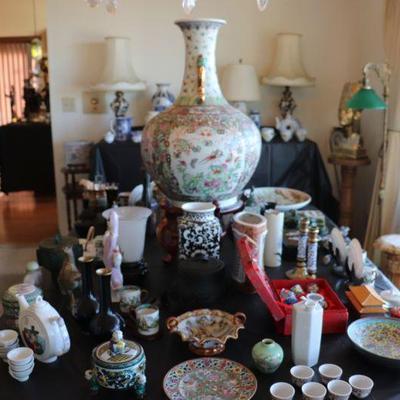 Antique and vintage Asian and Chinese painted vase, plates, statues, and jade stone glasses and tea set