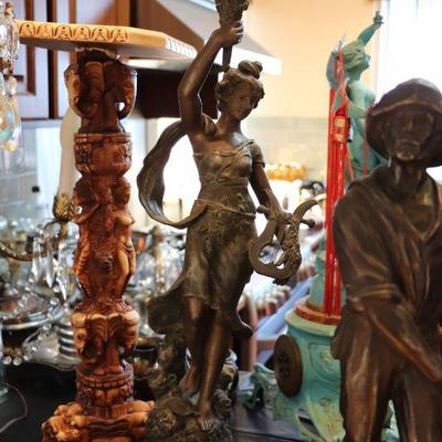 Bronze, Brass, Spelter, and Chalkware sculptures and statues from the 1800s and early 1900s; including Auguste Moreau, Pecheur, and...