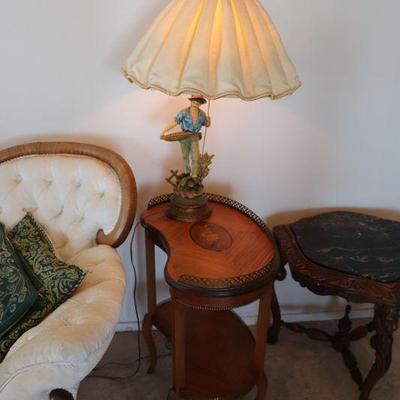 Antique kidney shaped wood side tables. Pair of antique statue lamps. 