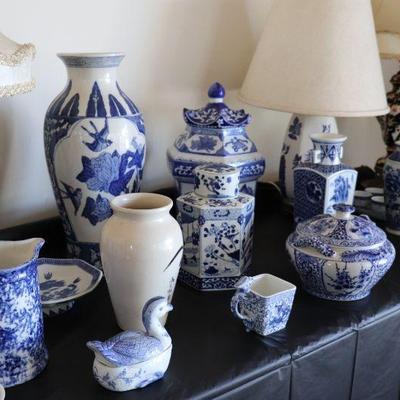 Vintage and Antique Chinese and Japanese Blue and White Porcelain Vases, Plates, Lamps and Cups