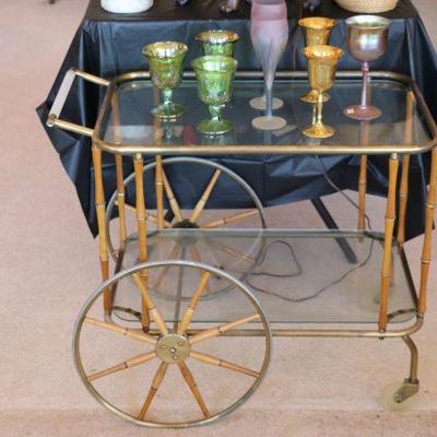 Antique faux bamboo and brass bar cart. Vintage glassware. 