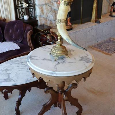 Beautiful antique wood and white marble side table and coffee table. Antique horn mounted on Brass Stand.