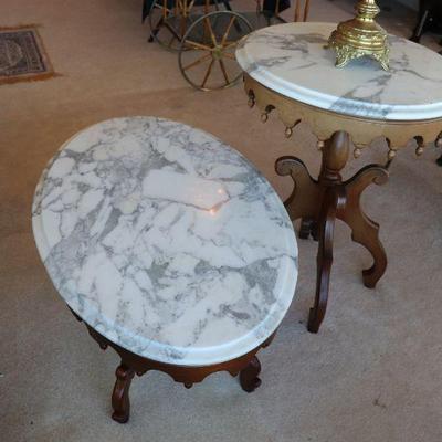 Beautiful antique wood and white marble side table and coffee table. 