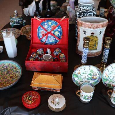 Antique and vintage Asian and Chinese painted vase, plates, statues, and jade stone glasses and tea set