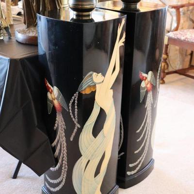 Antique Art Deco black lacquer pillars with dancing woman and phoenix design. 