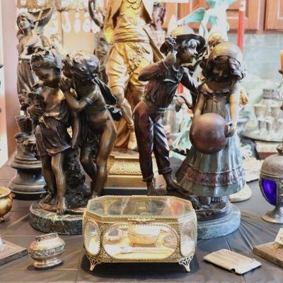 Bronze, Brass, Spelter, and Chalkware sculptures and statues from the 1800s and early 1900s; including Auguste Moreau, Pecheur, and...
