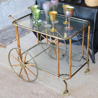 Antique faux bamboo and brass bar cart. Vintage glassware. 